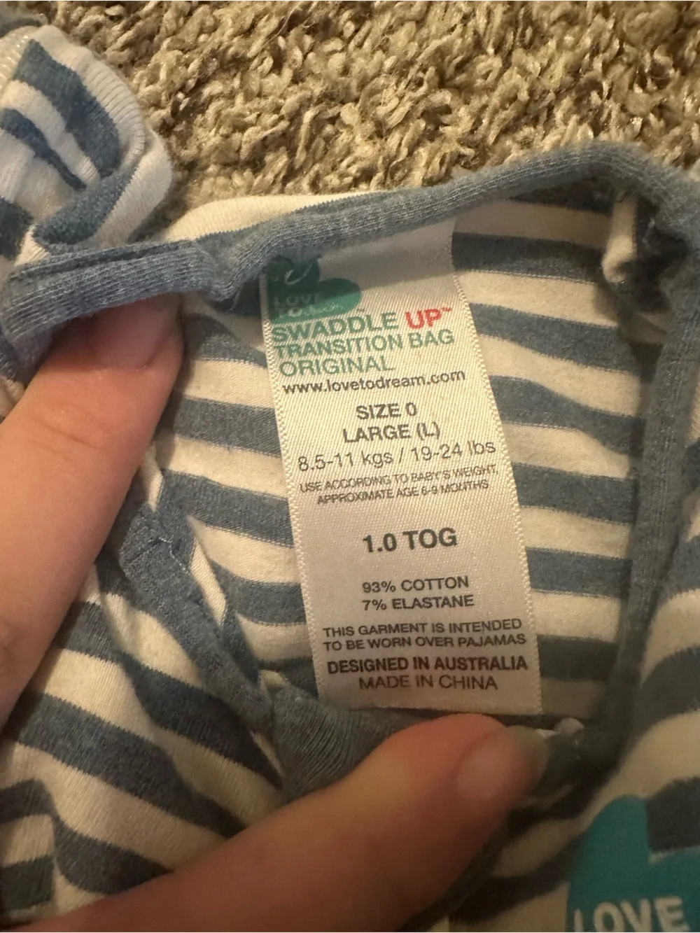 Love to dream Blue and White Striped Zip Swaddle One-Piece